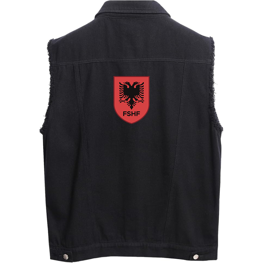 Men’s Albania National Soccer Team - Sleeveless Distressed Denim Vest – Rugged Black Jean Jacket