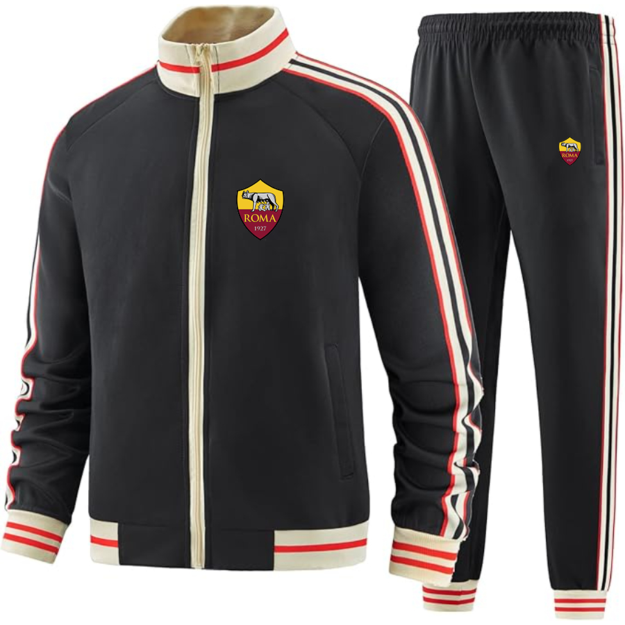 Men's AS Roma FC - Premium Two-Piece Designer Tracksuit with Bold Striped Accents and Zippered Front - Elevated Athletic Wear