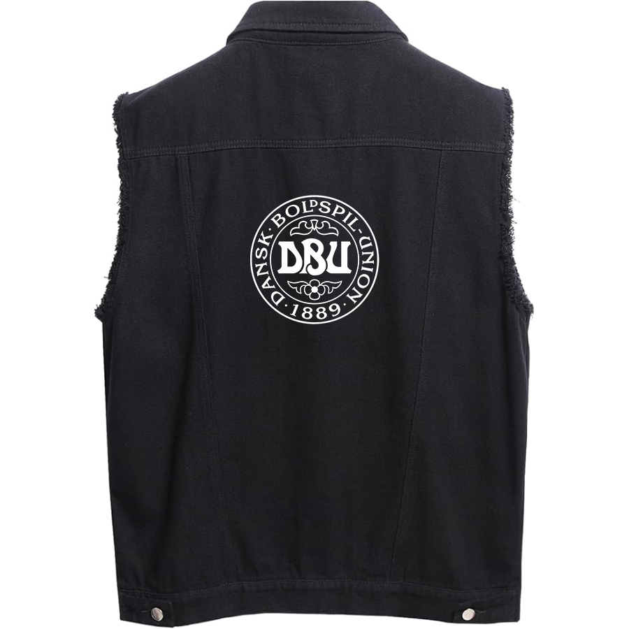 Men's Denmark Soccer (Black) (White) - Sleeveless Distressed Denim Vest – Rugged Black Jean Jacket