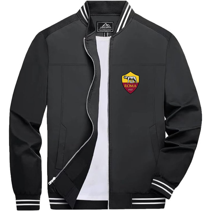Men’s AS Roma FC Lightweight Zip-Up Bomber Jacket with Ribbed Collar and Cuffs - Versatile Casual Outerwear