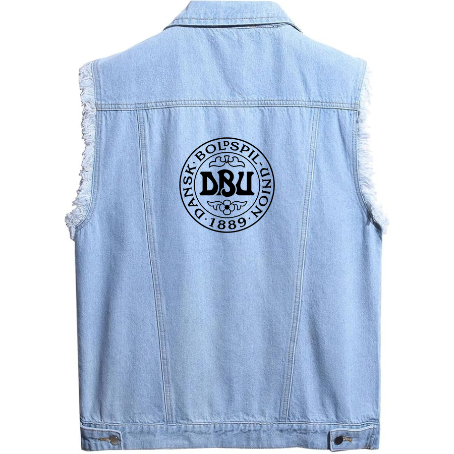 Men's Denmark Soccer (Black) (White) - Sleeveless Distressed Denim Vest – Rugged Black Jean Jacket