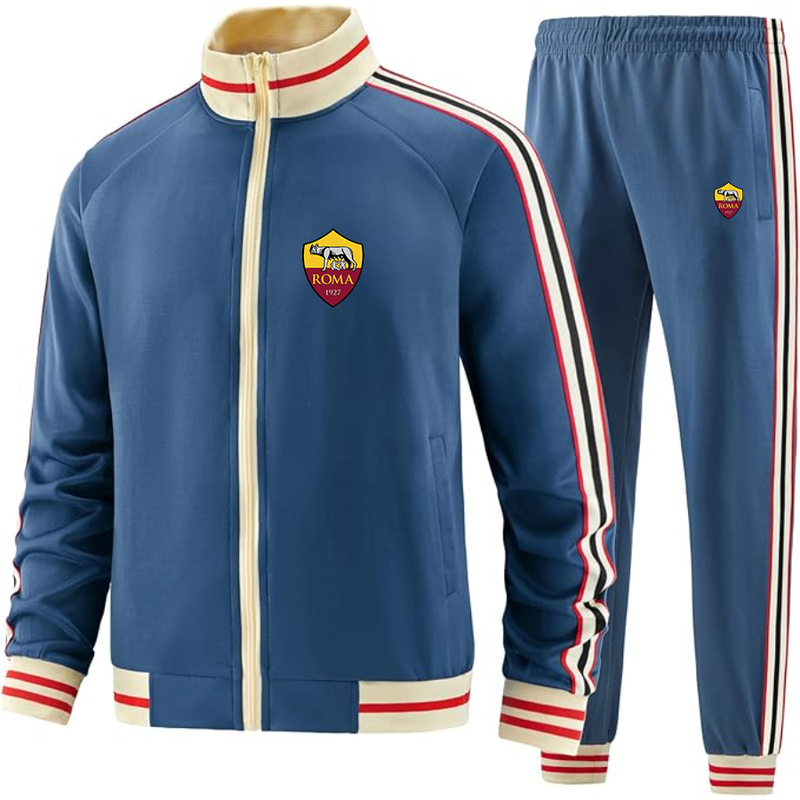 Men's AS Roma FC - Premium Two-Piece Designer Tracksuit with Bold Striped Accents and Zippered Front - Elevated Athletic Wear