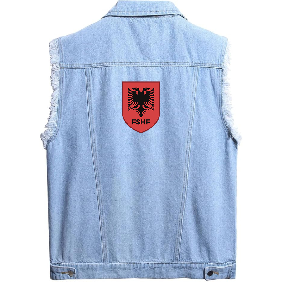 Men’s Albania National Soccer Team - Sleeveless Distressed Denim Vest – Rugged Black Jean Jacket