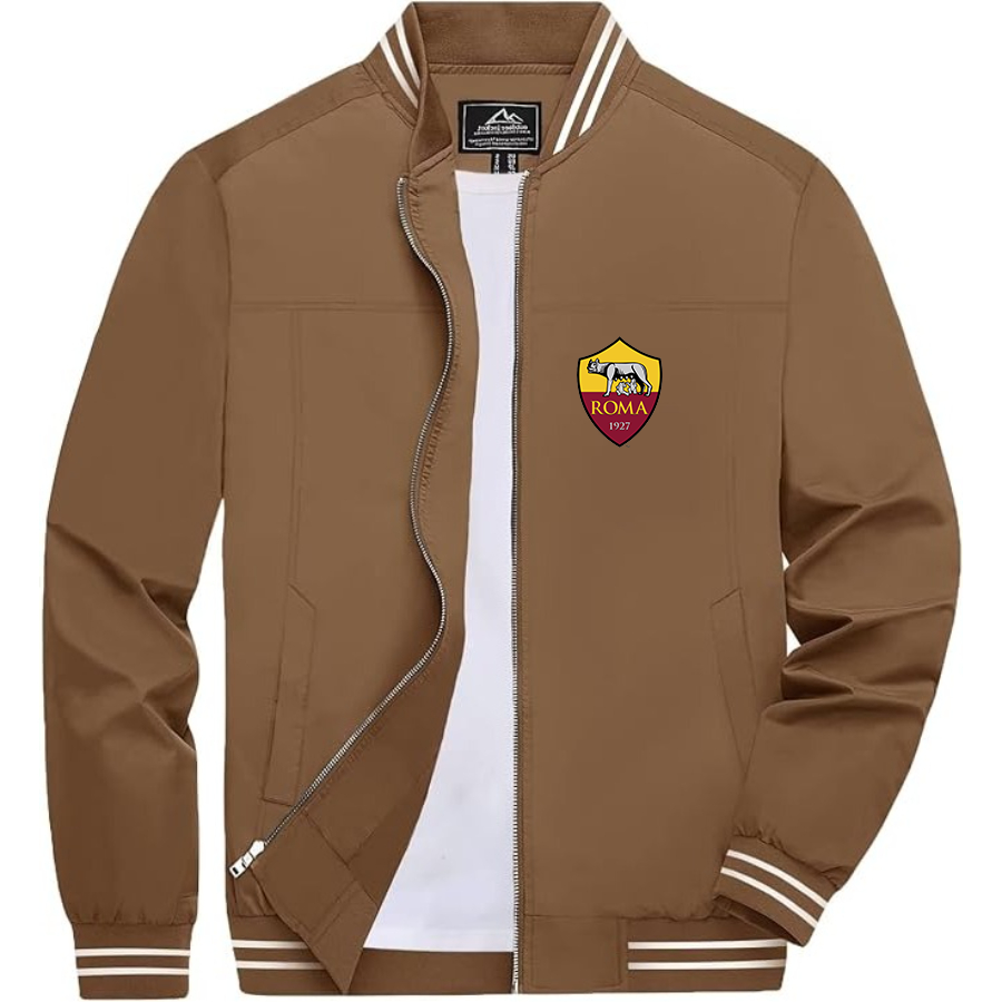 Men’s AS Roma FC Lightweight Zip-Up Bomber Jacket with Ribbed Collar and Cuffs - Versatile Casual Outerwear