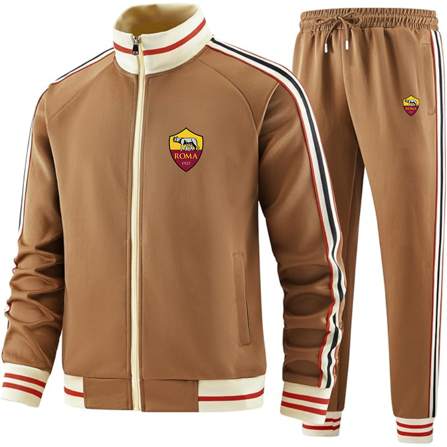 Men's AS Roma FC - Premium Two-Piece Designer Tracksuit with Bold Striped Accents and Zippered Front - Elevated Athletic Wear