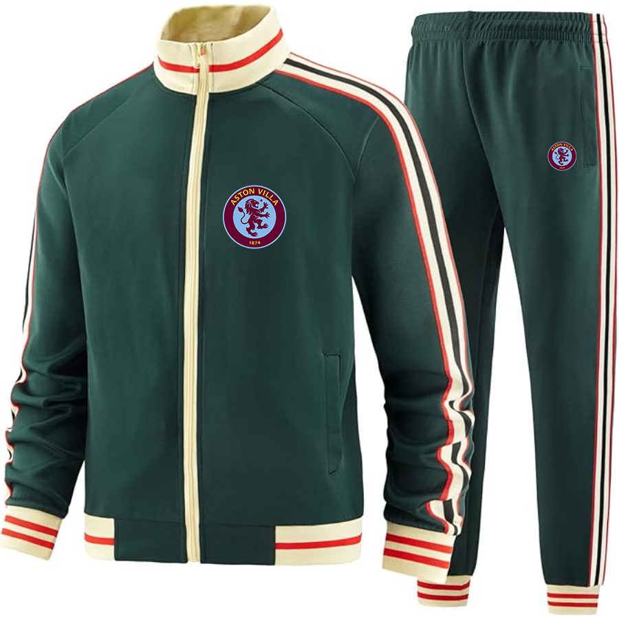 Men's Aston Villa - Premium Two-Piece Designer Tracksuit with Bold Striped Accents and Zippered Front - Elevated Athletic Wear