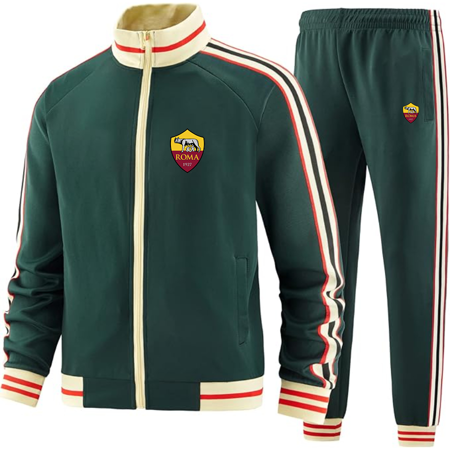 Men's AS Roma FC - Premium Two-Piece Designer Tracksuit with Bold Striped Accents and Zippered Front - Elevated Athletic Wear