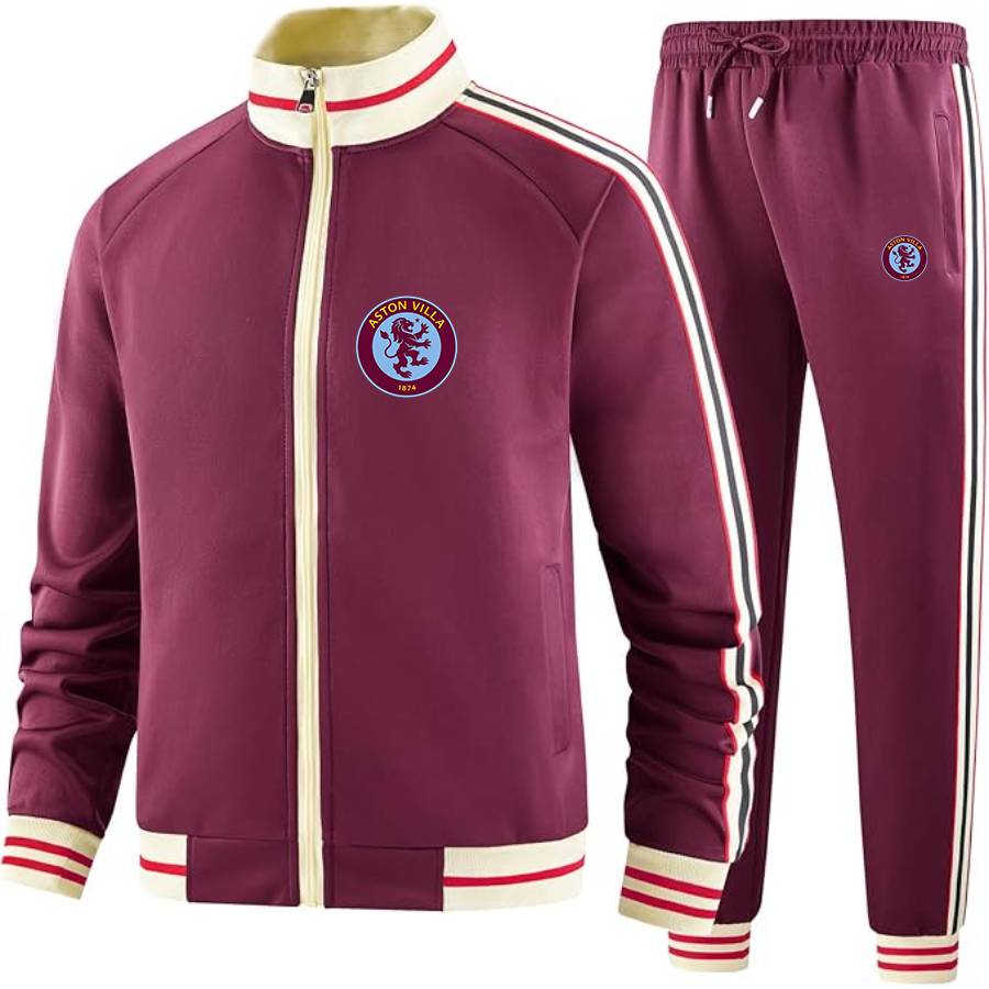 Men's Aston Villa - Premium Two-Piece Designer Tracksuit with Bold Striped Accents and Zippered Front - Elevated Athletic Wear