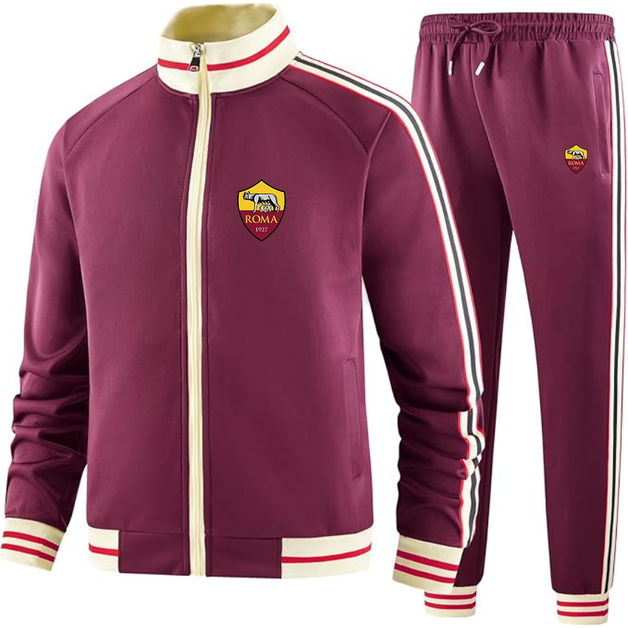 Men's AS Roma FC - Premium Two-Piece Designer Tracksuit with Bold Striped Accents and Zippered Front - Elevated Athletic Wear