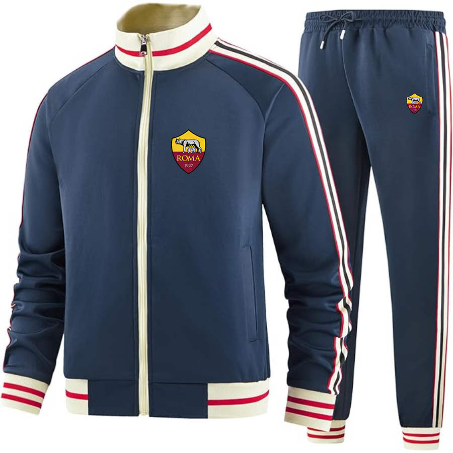 Men's AS Roma FC - Premium Two-Piece Designer Tracksuit with Bold Striped Accents and Zippered Front - Elevated Athletic Wear