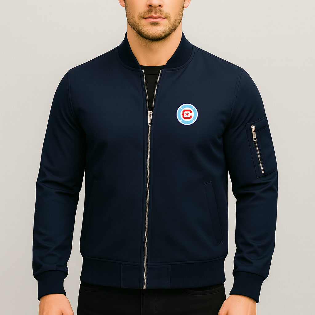 Men's Chicago Fire Soccer Lightweight Bomber Jacket Windbreaker Softshell Varsity Jacket Coat