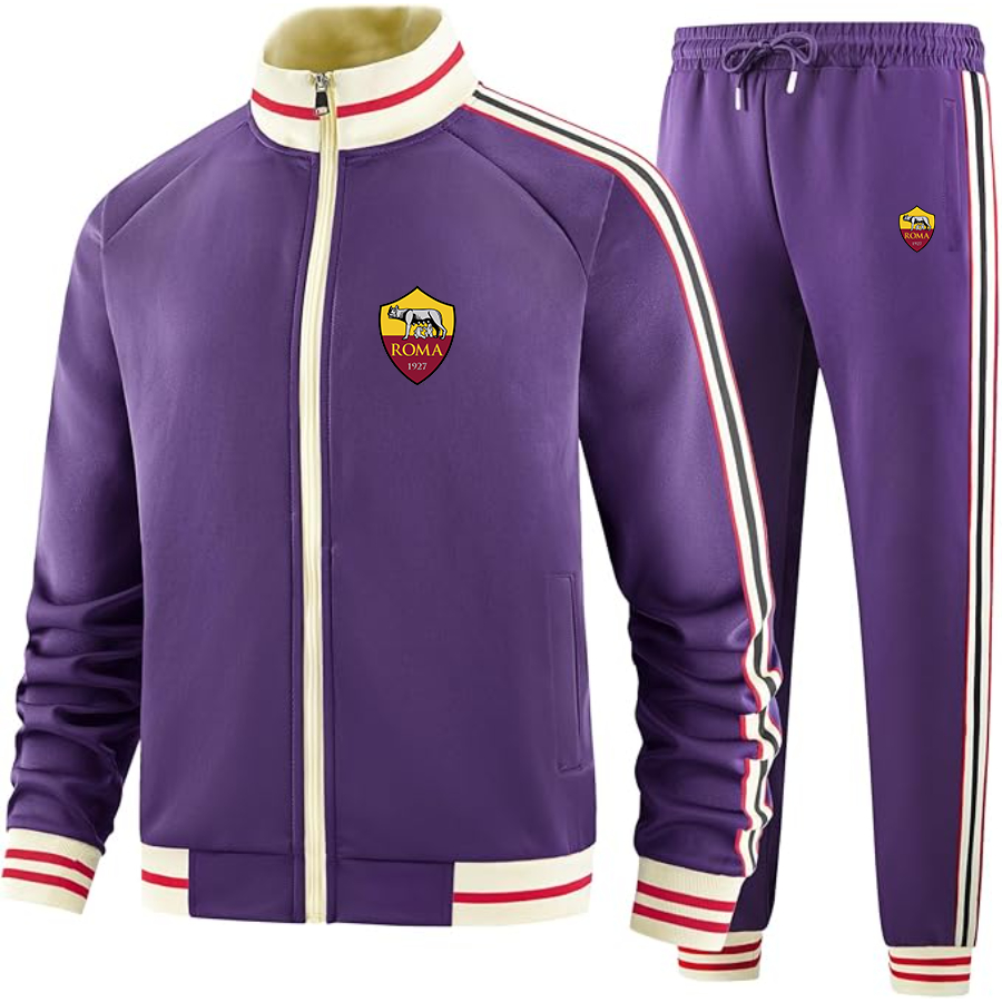 Men's AS Roma FC - Premium Two-Piece Designer Tracksuit with Bold Striped Accents and Zippered Front - Elevated Athletic Wear