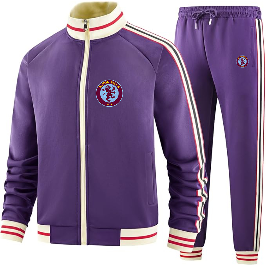 Men's Aston Villa - Premium Two-Piece Designer Tracksuit with Bold Striped Accents and Zippered Front - Elevated Athletic Wear