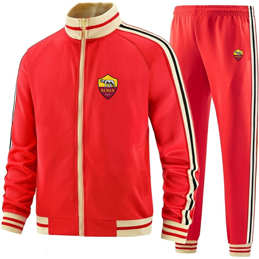 Men's AS Roma FC - Premium Two-Piece Designer Tracksuit with Bold Striped Accents and Zippered Front - Elevated Athletic Wear