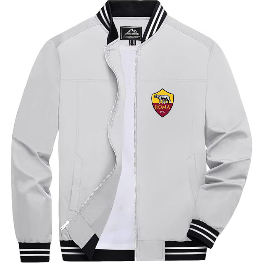 Men’s AS Roma FC Lightweight Zip-Up Bomber Jacket with Ribbed Collar and Cuffs - Versatile Casual Outerwear