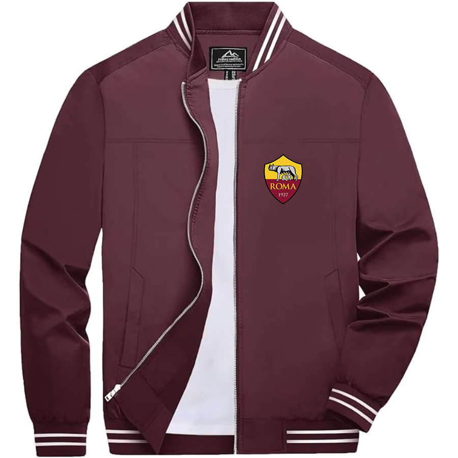 Men’s AS Roma FC Lightweight Zip-Up Bomber Jacket with Ribbed Collar and Cuffs - Versatile Casual Outerwear