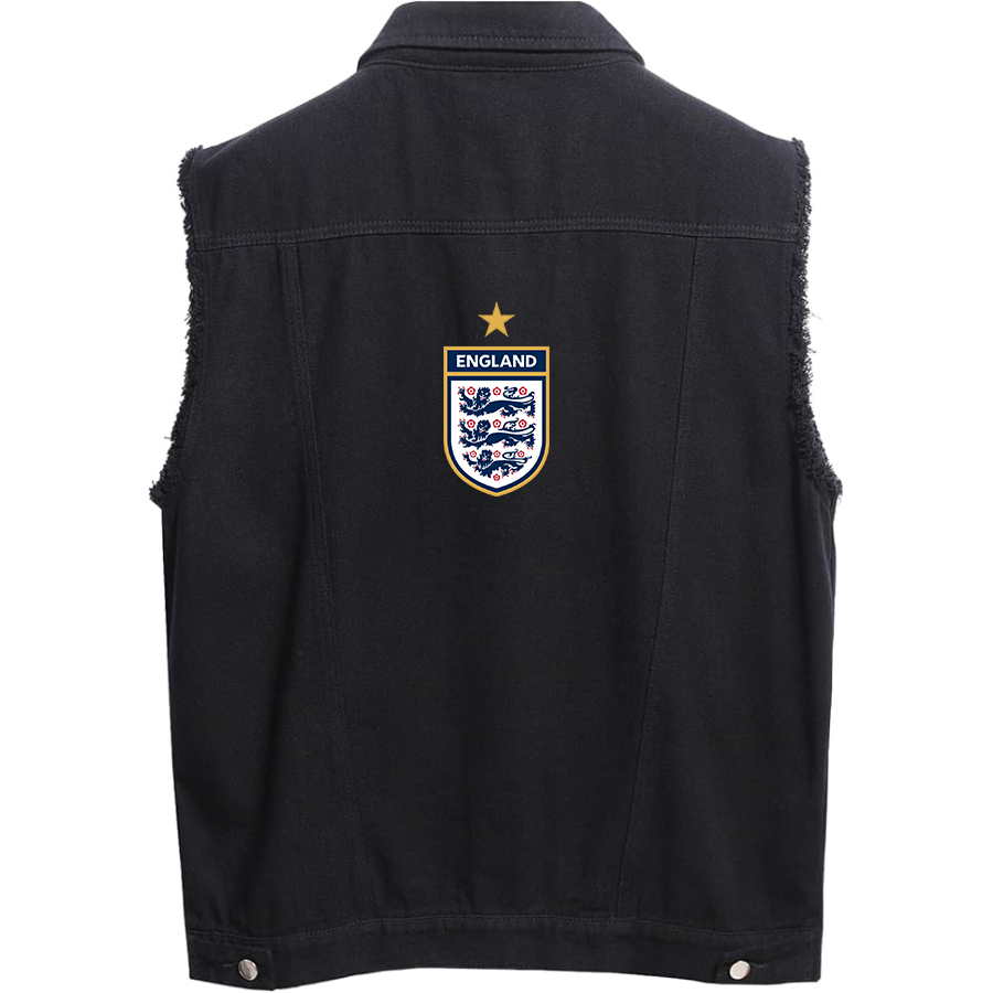 Men's England National Soccer Team- Sleeveless Distressed Denim Vest – Rugged Black Jean Jacket