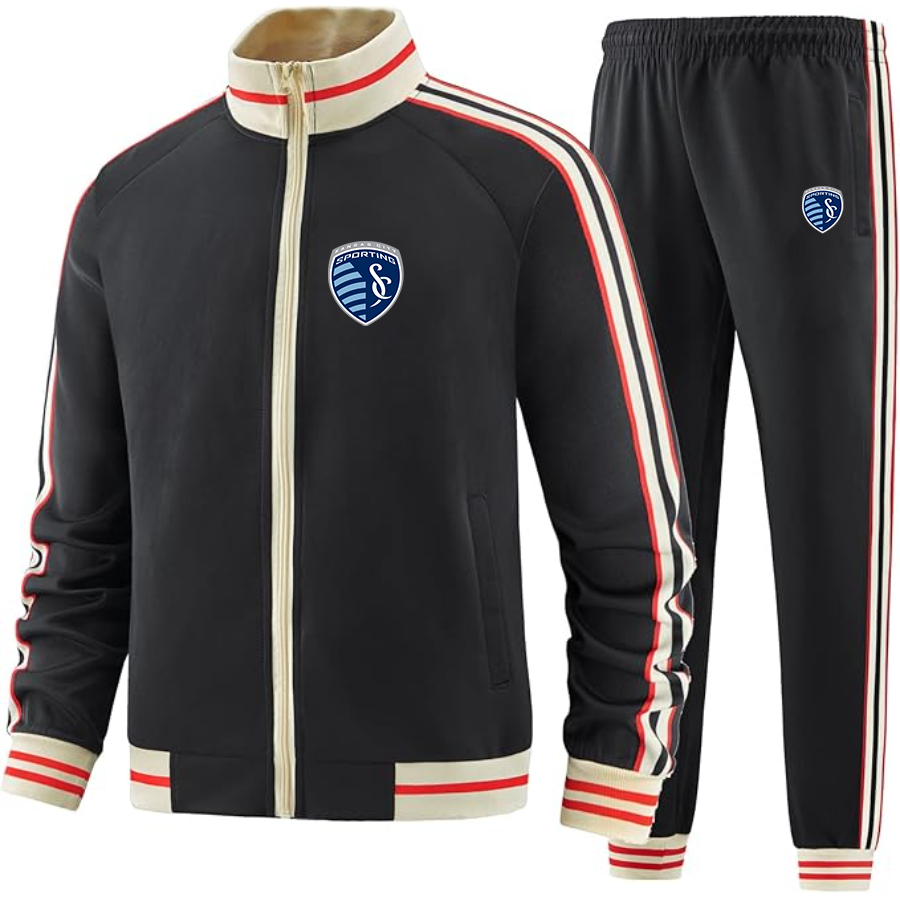 Men's Sporting Kansas City FC - Premium Two-Piece Designer Tracksuit with Bold Striped Accents and Zippered Front - Elevated Athletic Wear
