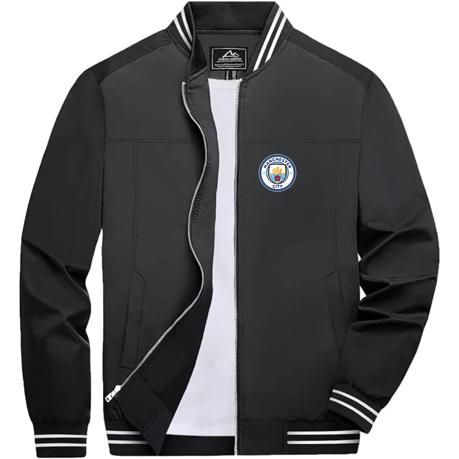 Men’s Manchester City Soccer - Lightweight Zip-Up Bomber Jacket with Ribbed Collar and Cuffs - Versatile Casual Outerwear