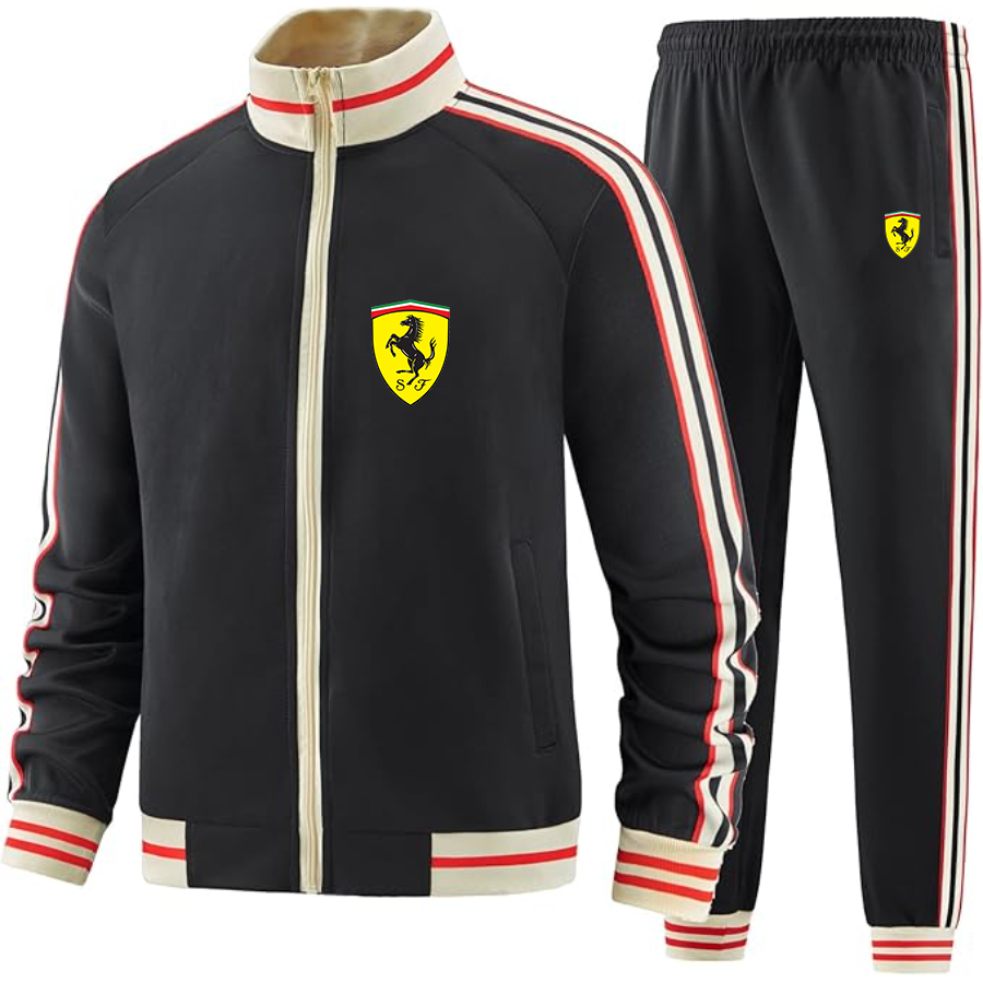 Men's Ferrari Motorsport Car - Premium Two-Piece Designer Tracksuit with Bold Striped Accents and Zippered Front - Elevated Athletic Wear