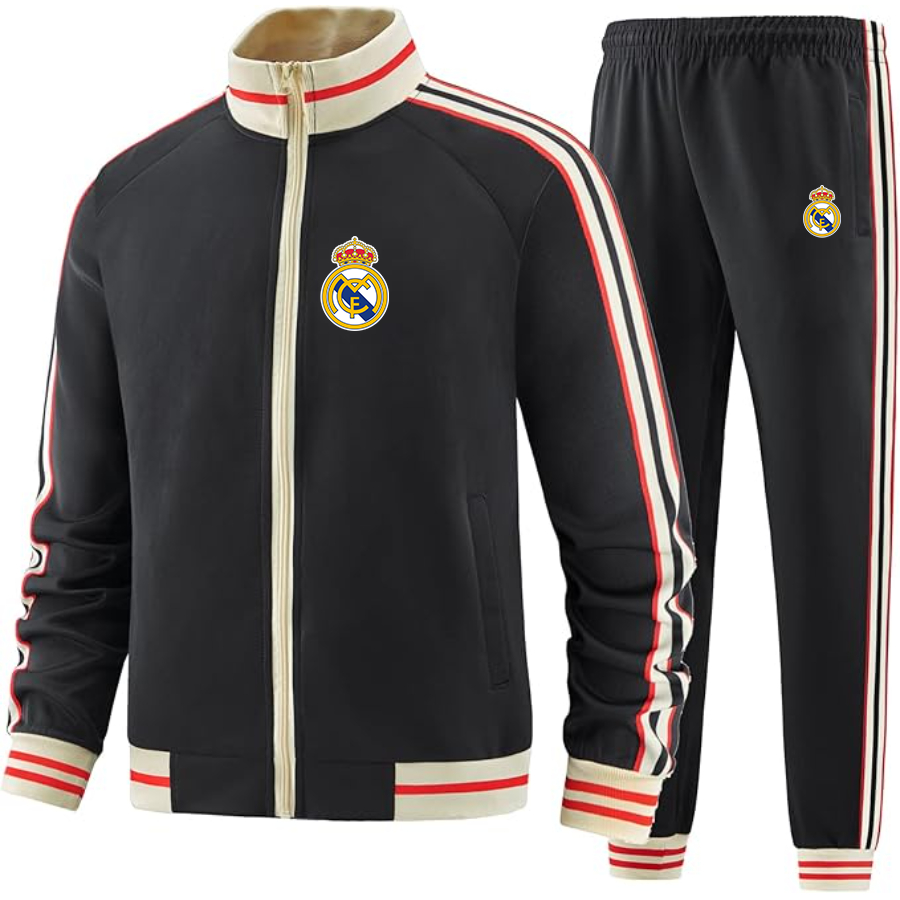 Men's Real Madrid Soccer - Premium Two-Piece Designer Tracksuit with Bold Striped Accents and Zippered Front - Elevated Athletic Wear