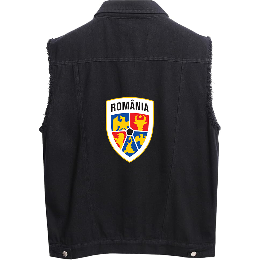 Men's Romania National Soccer Team - Sleeveless Distressed Denim Vest – Rugged Black Jean Jacket