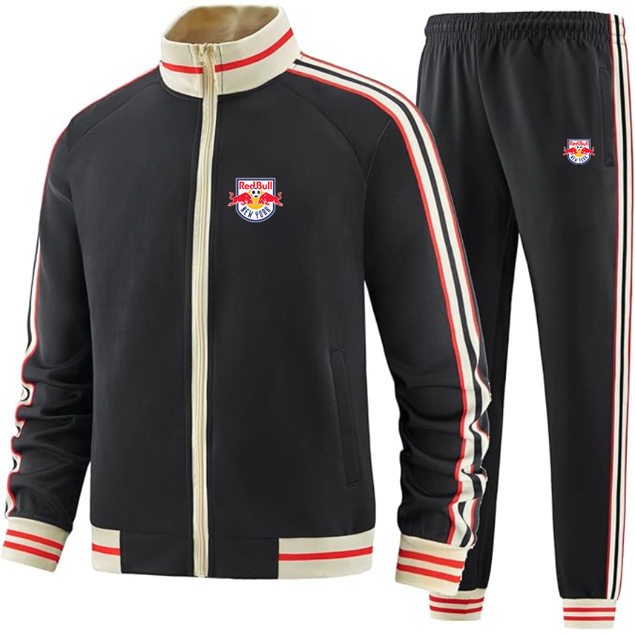 Men's New York Red Bulls FC - Premium Two-Piece Designer Tracksuit with Bold Striped Accents and Zippered Front - Elevated Athletic Wear