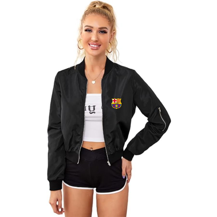 Women's F.C. Barcelona Soccer - Lightweight Bomber Biker Jacket Zip up Windbreaker Crop Bomber Jacket Coat