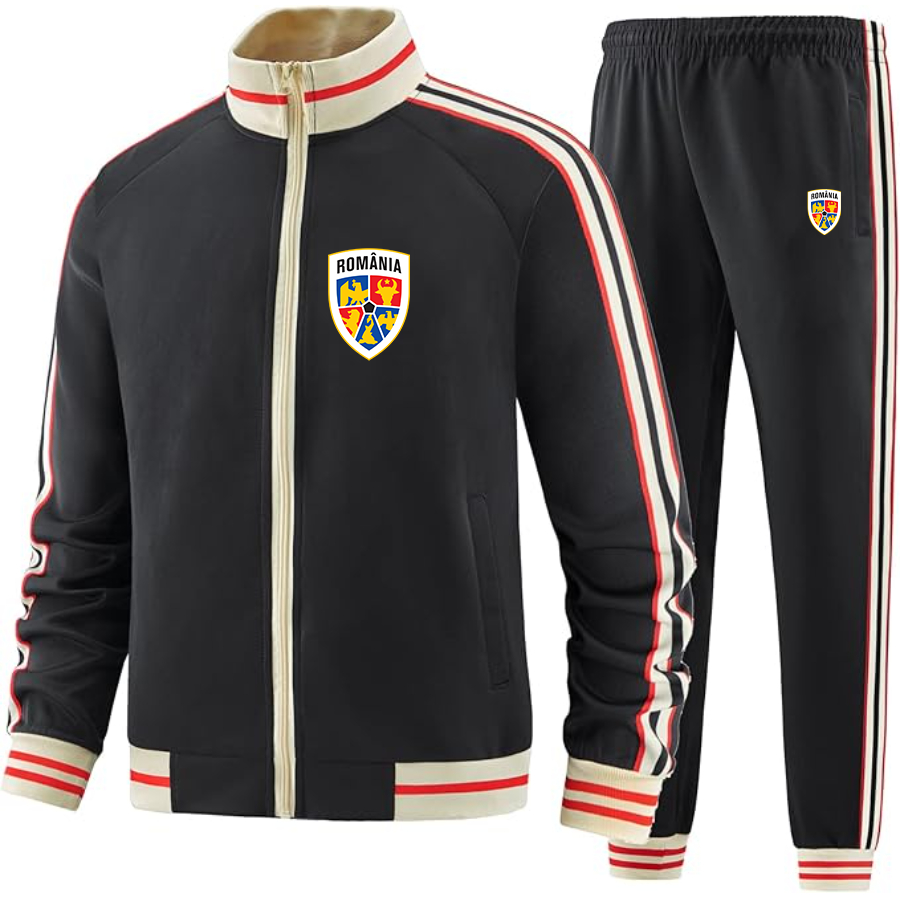 Men's Romania National Soccer Team - Premium Two-Piece Designer Tracksuit with Bold Striped Accents and Zippered Front - Elevated Athletic Wear