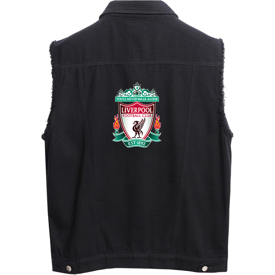 Men's Liverpool Football Club Est.1892 - Sleeveless Distressed Denim Vest – Rugged Black Jean Jacket