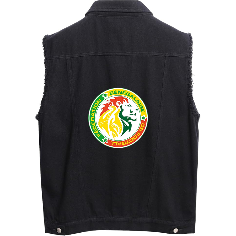 Men's Senegal National Soccer Team copy - Sleeveless Distressed Denim Vest – Rugged Black Jean Jacket