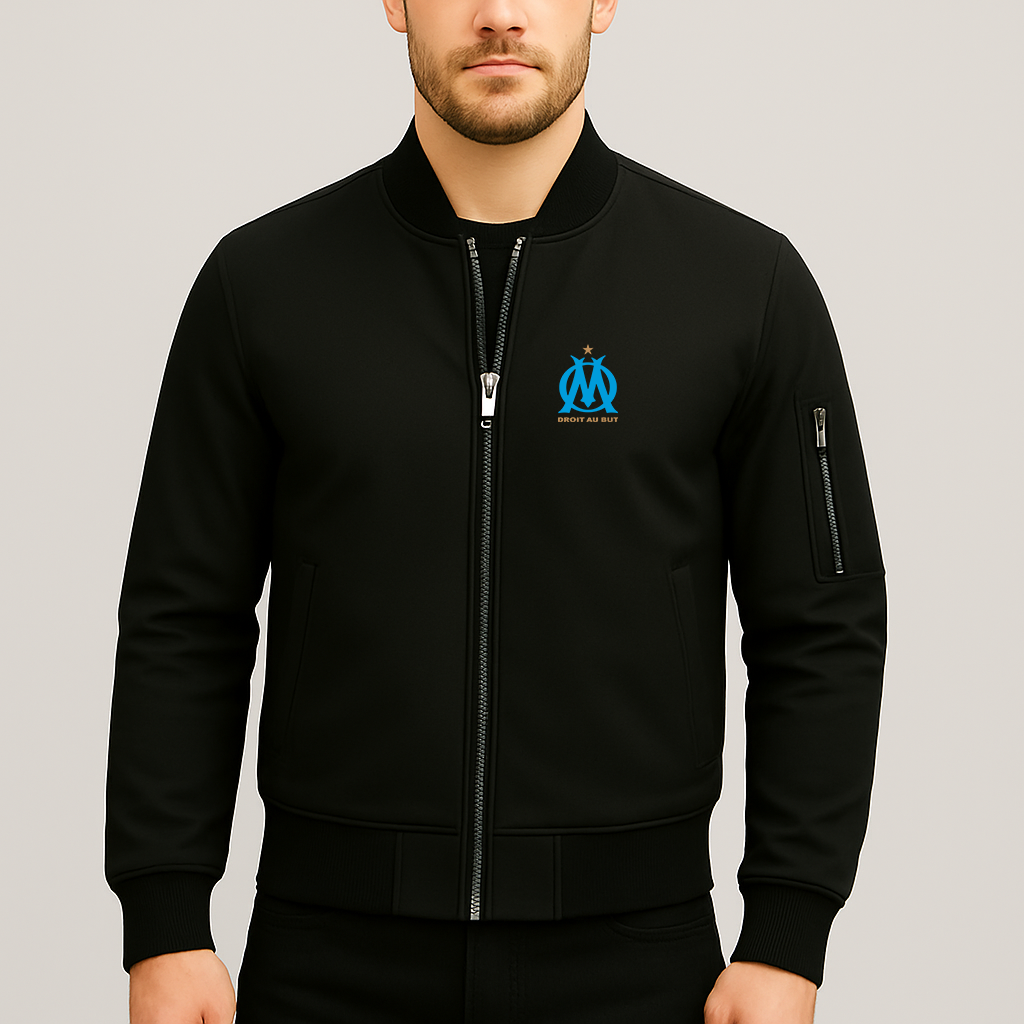 Men's Olympique de Marseille FC Lightweight Bomber Jacket Windbreaker Softshell Varsity Jacket Coat