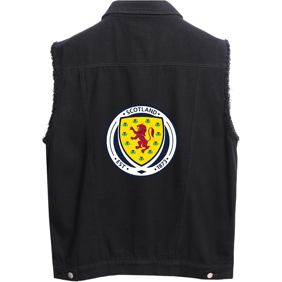 Men's Scotland National Soccer Team - Sleeveless Distressed Denim Vest – Rugged Black Jean Jacket