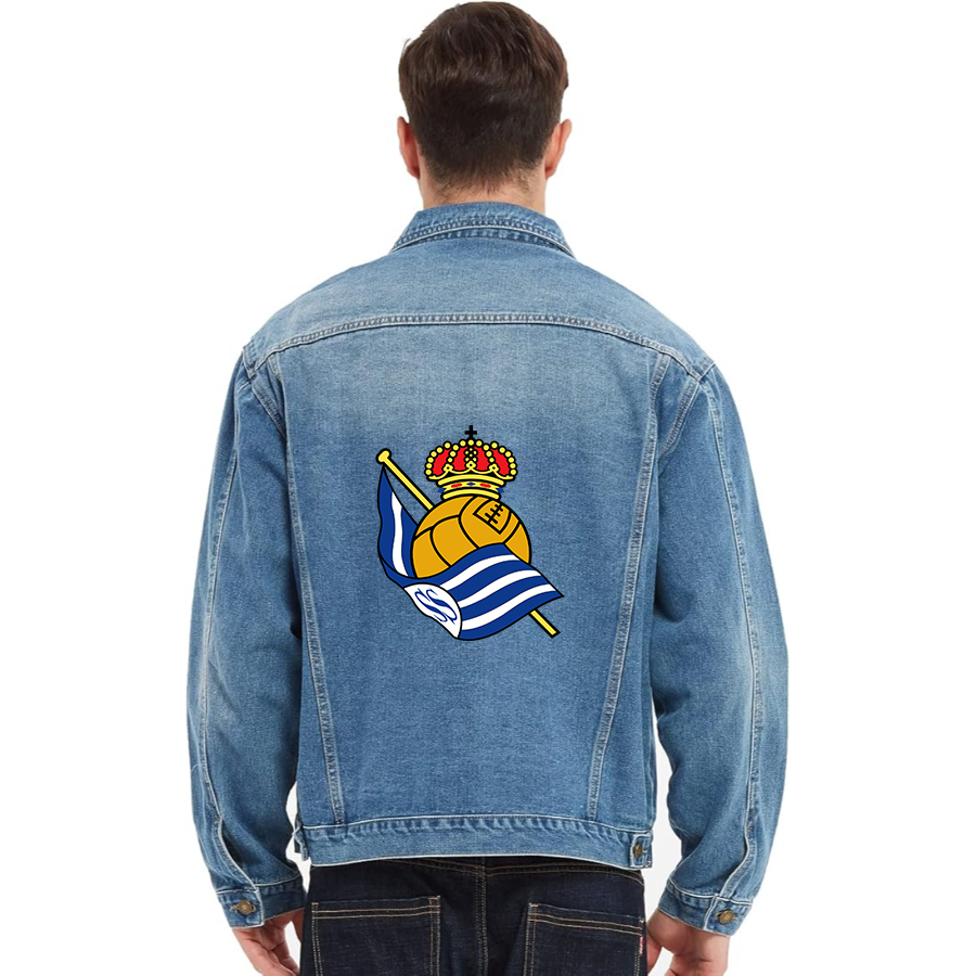 Men’s Real Sociedad FC - Vintage Distressed Denim Jacket – Stylish Casual Jean Outerwear