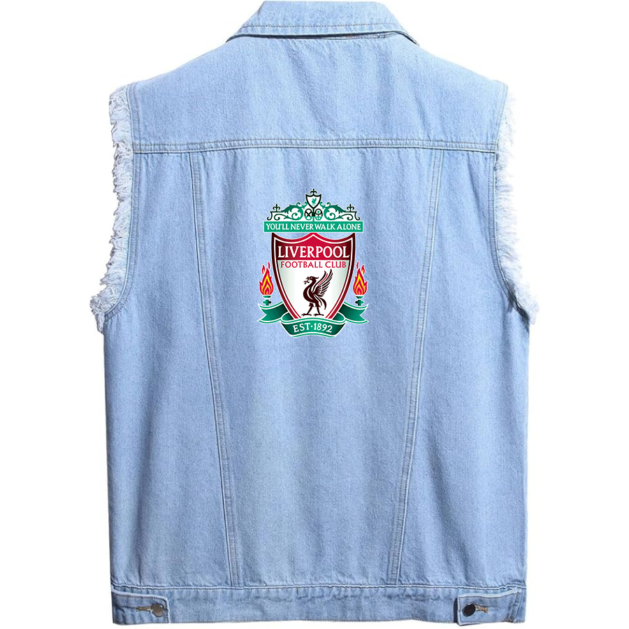 Men's Liverpool Football Club Est.1892 - Sleeveless Distressed Denim Vest – Rugged Black Jean Jacket