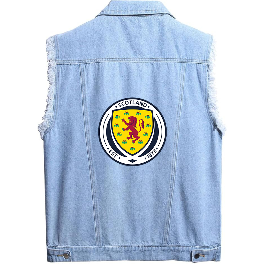 Men's Scotland National Soccer Team - Sleeveless Distressed Denim Vest – Rugged Black Jean Jacket