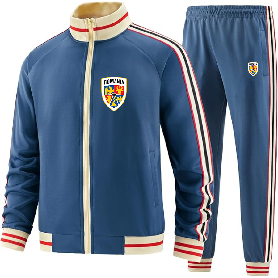 Men's Romania National Soccer Team - Premium Two-Piece Designer Tracksuit with Bold Striped Accents and Zippered Front - Elevated Athletic Wear