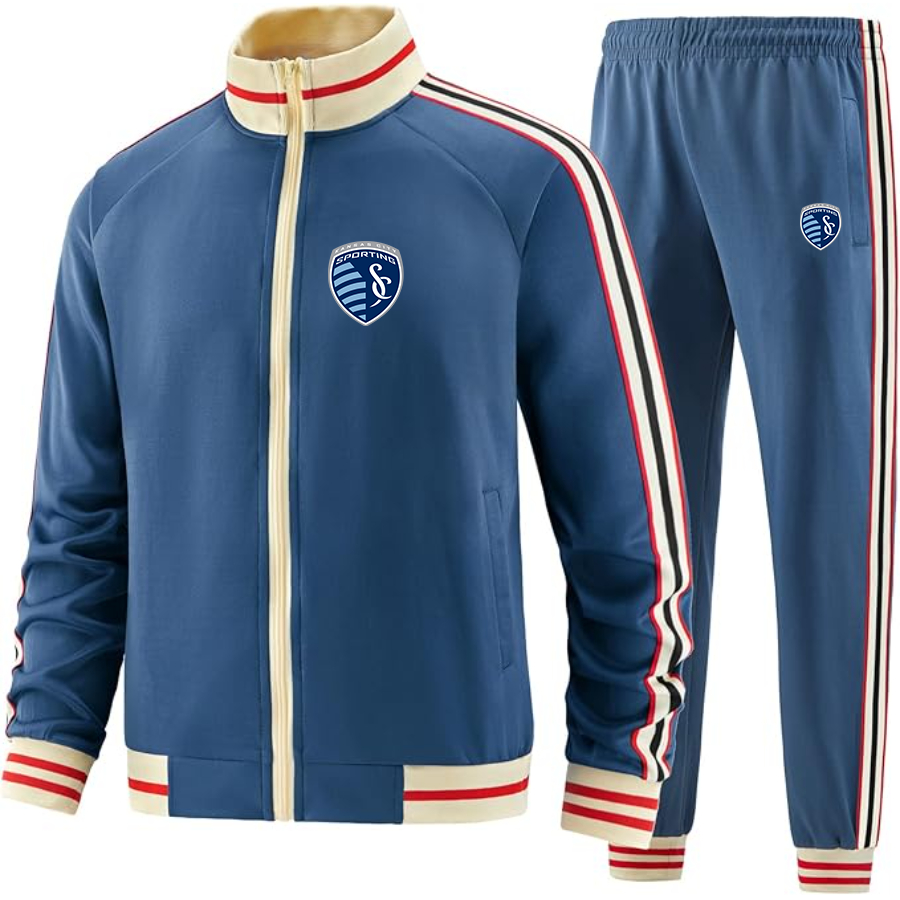 Men's Sporting Kansas City FC - Premium Two-Piece Designer Tracksuit with Bold Striped Accents and Zippered Front - Elevated Athletic Wear