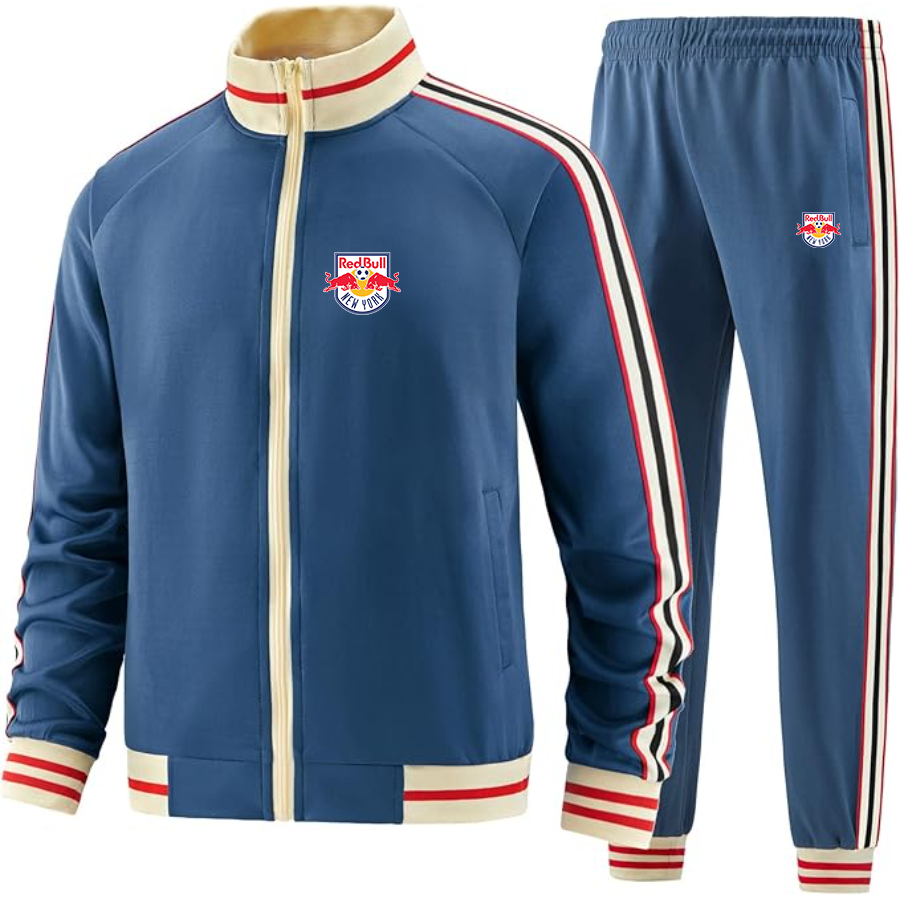 Men's New York Red Bulls FC - Premium Two-Piece Designer Tracksuit with Bold Striped Accents and Zippered Front - Elevated Athletic Wear