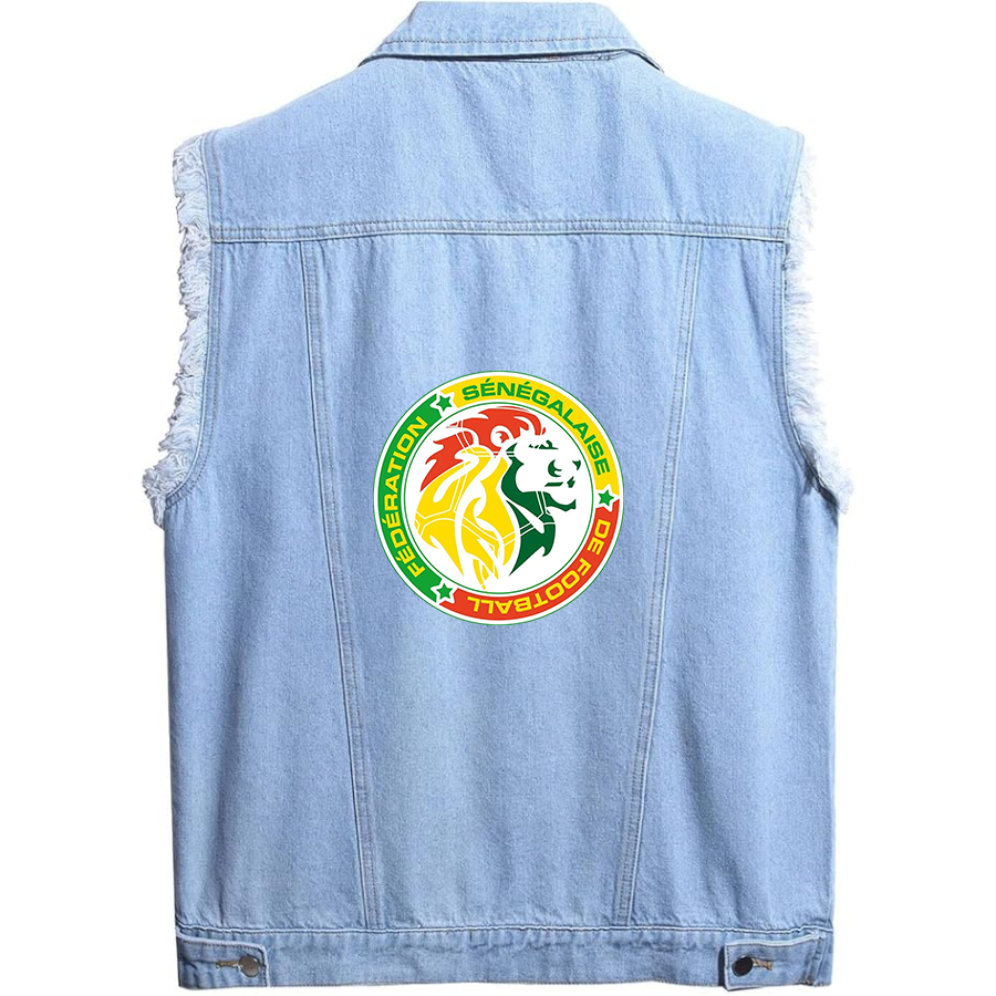 Men's Senegal National Soccer Team copy - Sleeveless Distressed Denim Vest – Rugged Black Jean Jacket