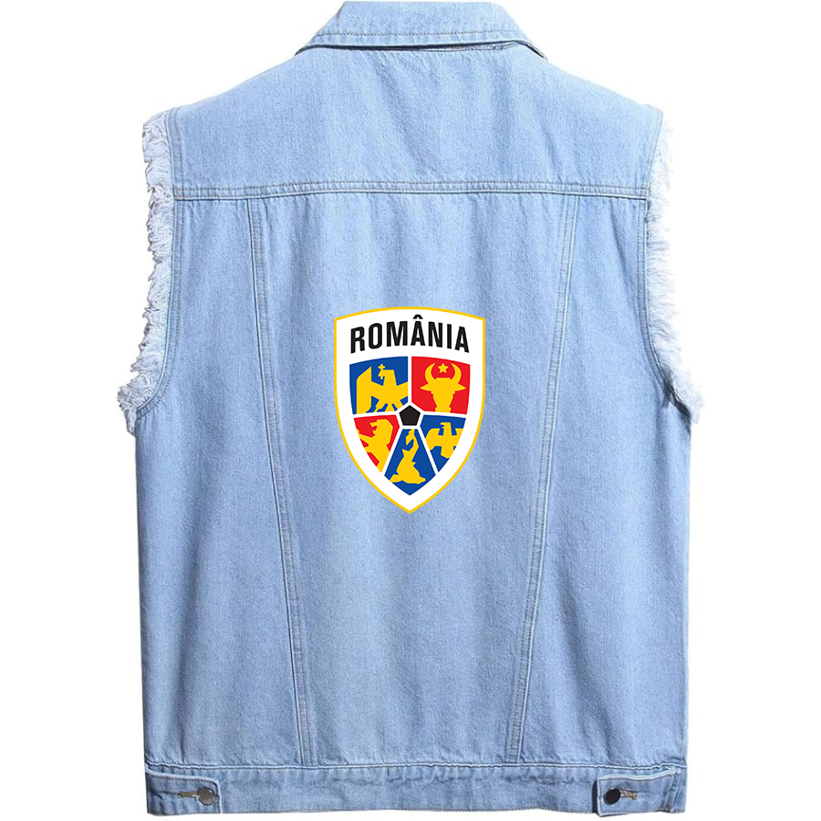 Men's Romania National Soccer Team - Sleeveless Distressed Denim Vest – Rugged Black Jean Jacket