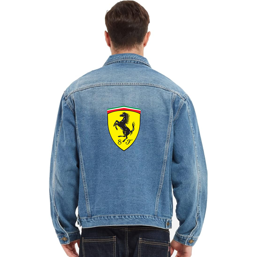 Men’s Ferrari Motorsport Car - Vintage Distressed Denim Jacket – Stylish Casual Jean Outerwear