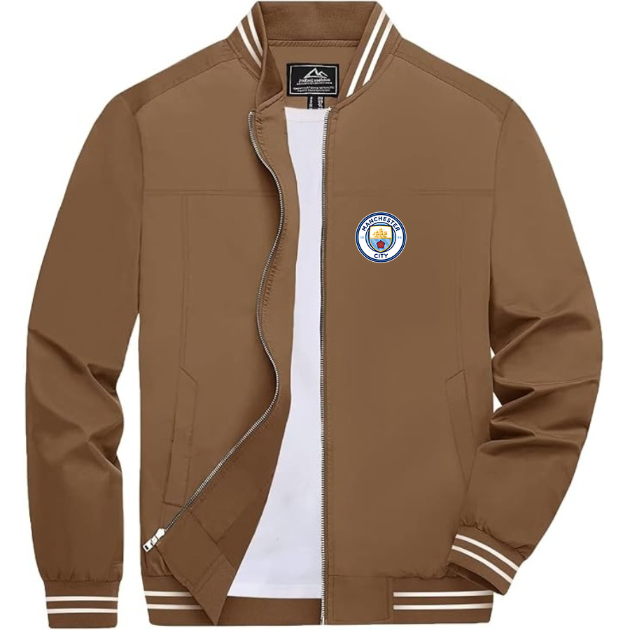 Men’s Manchester City Soccer - Lightweight Zip-Up Bomber Jacket with Ribbed Collar and Cuffs - Versatile Casual Outerwear