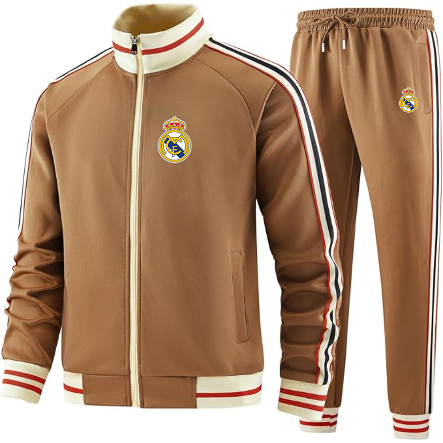 Men's Real Madrid Soccer - Premium Two-Piece Designer Tracksuit with Bold Striped Accents and Zippered Front - Elevated Athletic Wear