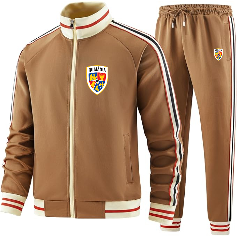 Men's Romania National Soccer Team - Premium Two-Piece Designer Tracksuit with Bold Striped Accents and Zippered Front - Elevated Athletic Wear