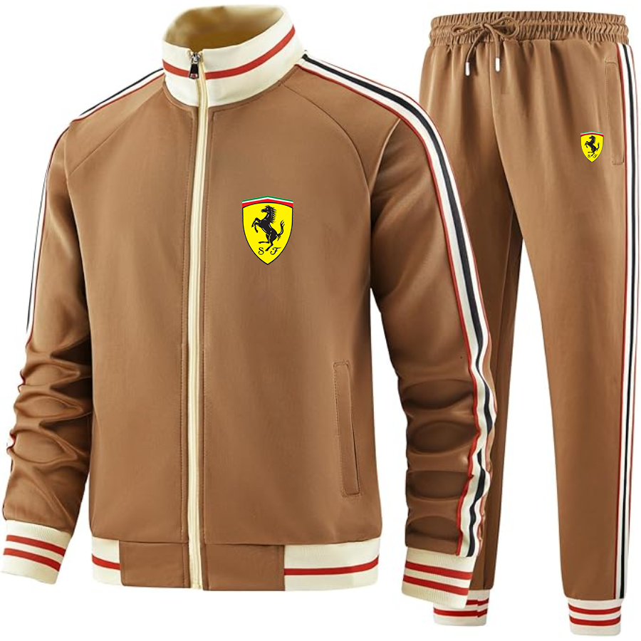 Men's Ferrari Motorsport Car - Premium Two-Piece Designer Tracksuit with Bold Striped Accents and Zippered Front - Elevated Athletic Wear