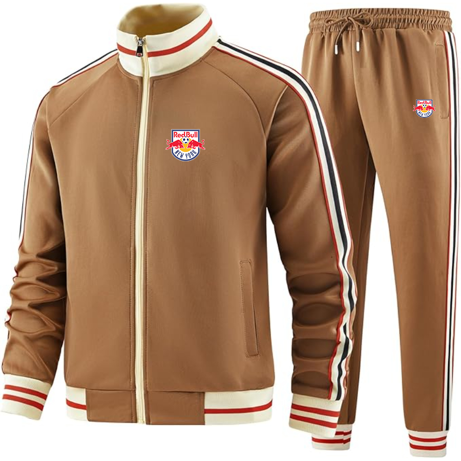 Men's New York Red Bulls FC - Premium Two-Piece Designer Tracksuit with Bold Striped Accents and Zippered Front - Elevated Athletic Wear