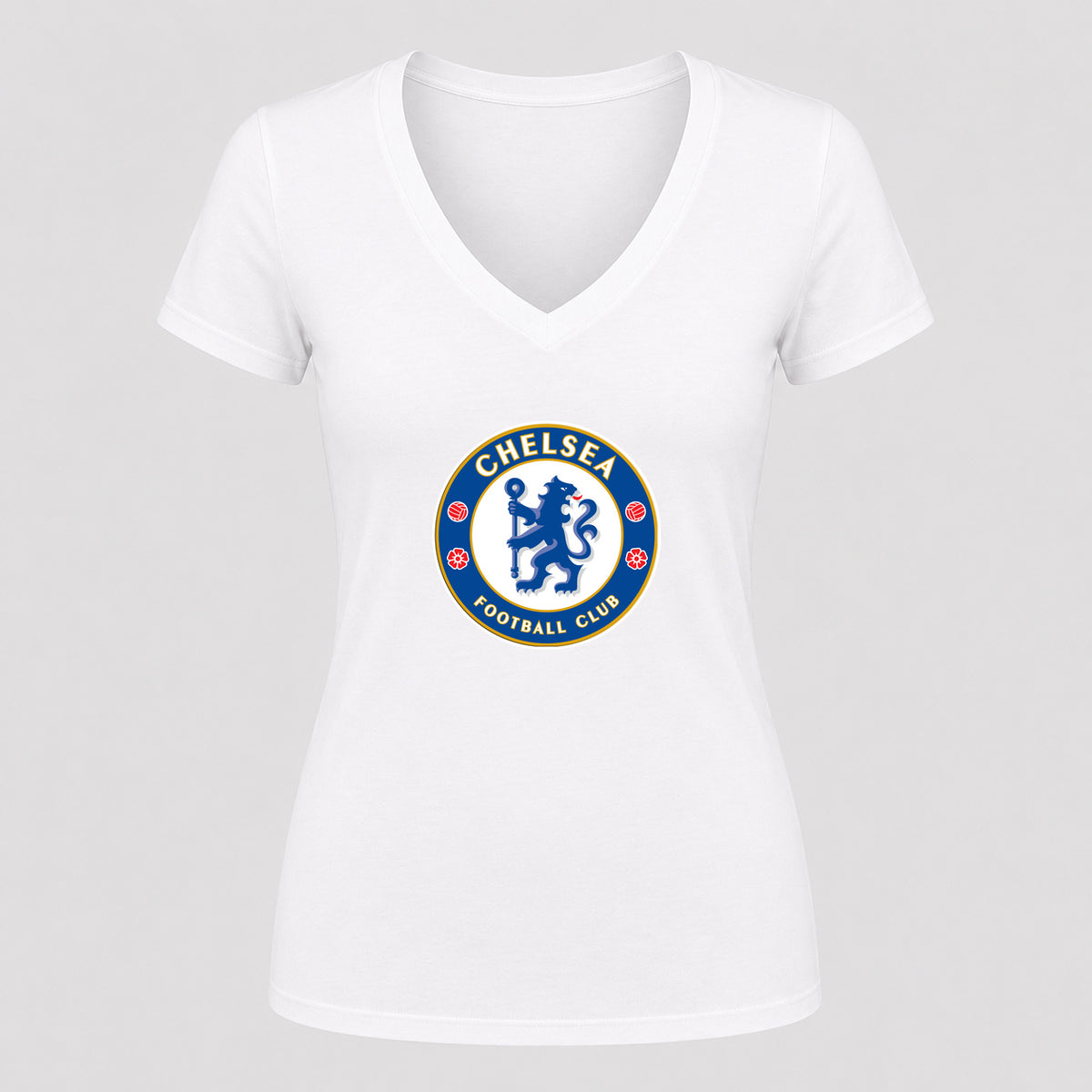 Women's Chelsea Soccer V-Neck T-Shirt | Color: White | Original artwork on Drive garment