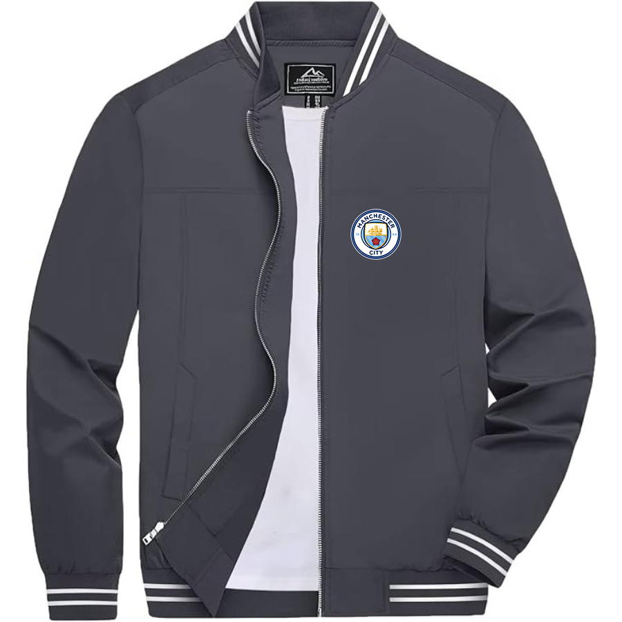 Men’s Manchester City Soccer - Lightweight Zip-Up Bomber Jacket with Ribbed Collar and Cuffs - Versatile Casual Outerwear
