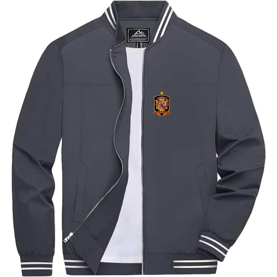 Men’s Spain National Soccer Team Lightweight Zip-Up Bomber Jacket with Ribbed Collar and Cuffs - Versatile Casual Outerwear